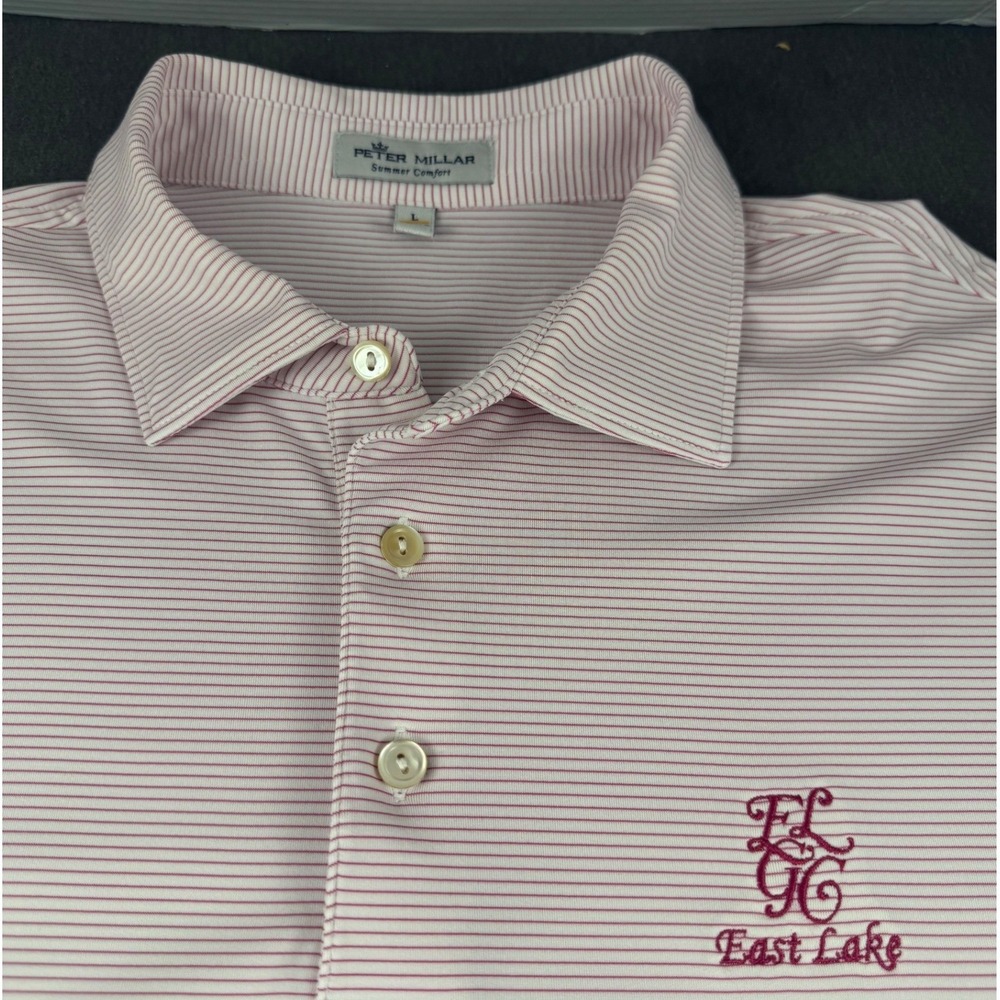 Peter Millar Summer Comfort Polo Shirt Mens Large Pink White East Lake Golf Club